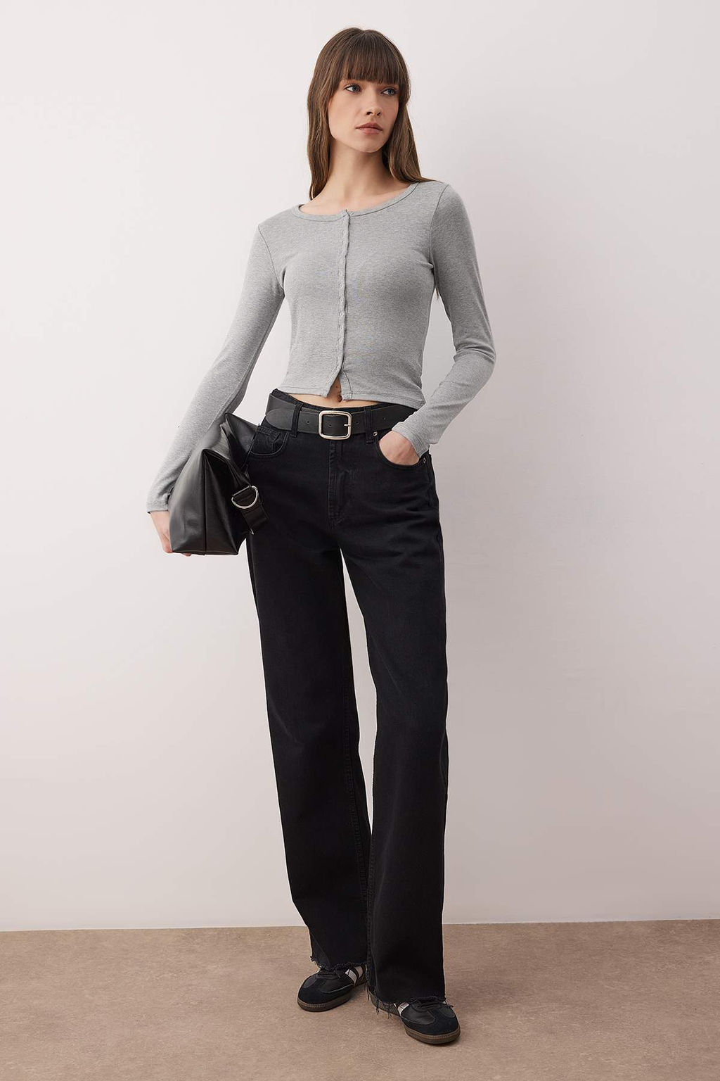 Gri Onu Full C?tc?tl? Fitted/Vucuda Oturan Orme Bluz TWOAW26BZ00193