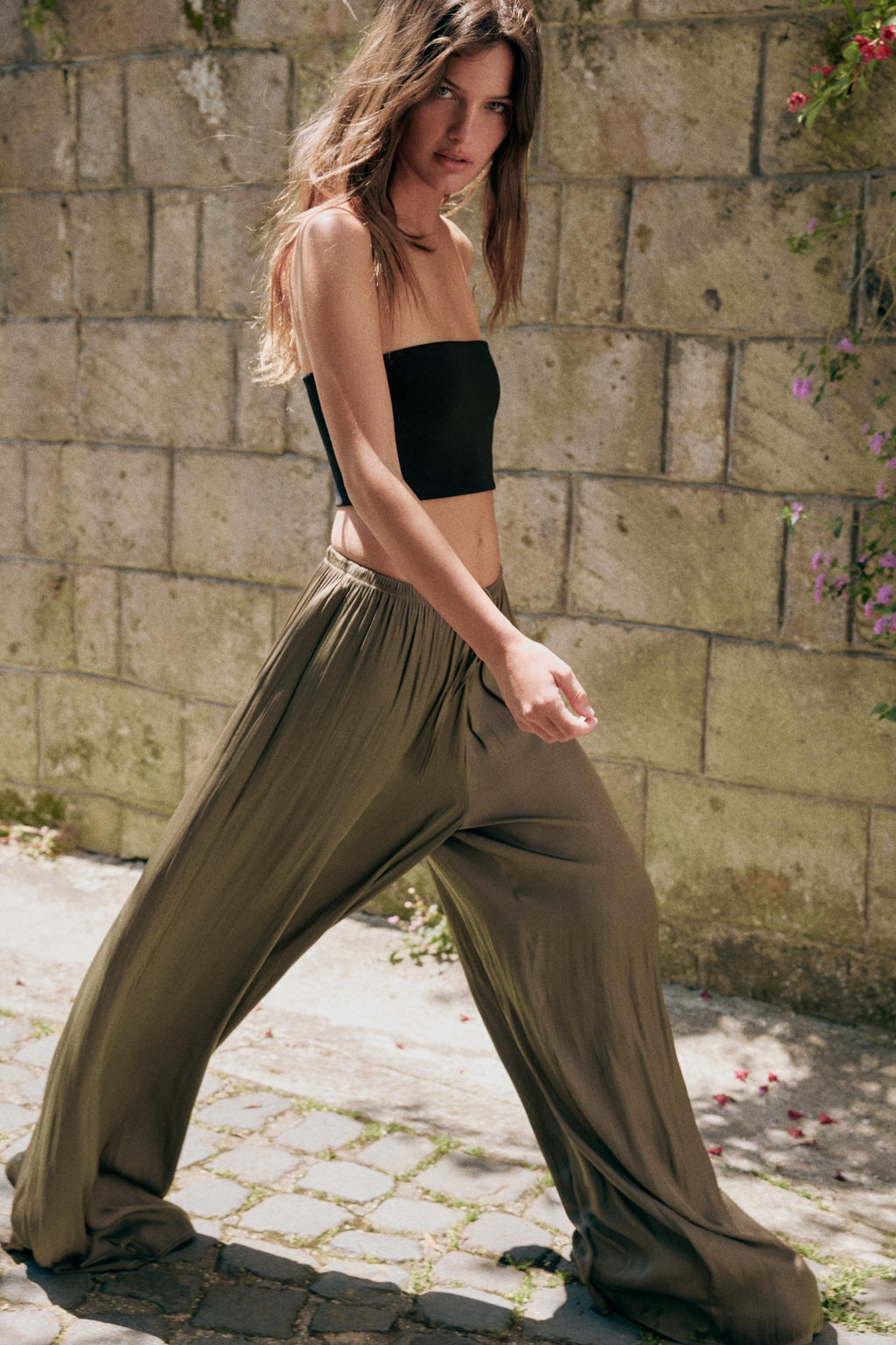 PANTAL?N FLUIDO PALAZZO / Khaki oscuro