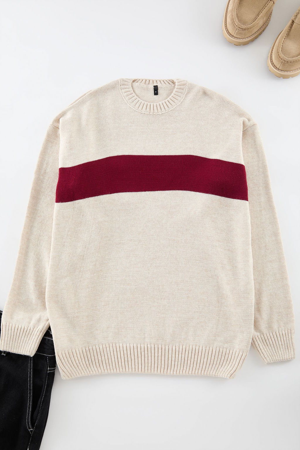 Bej Regular Bisiklet Yaka Renk Bloklu Triko Kazak TMNAW25KZ00014