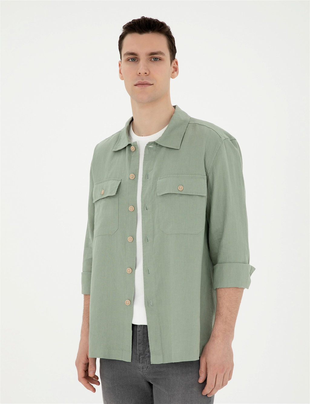 Ye_il Keten Comfort Fit Uzun Kollu G_mlek