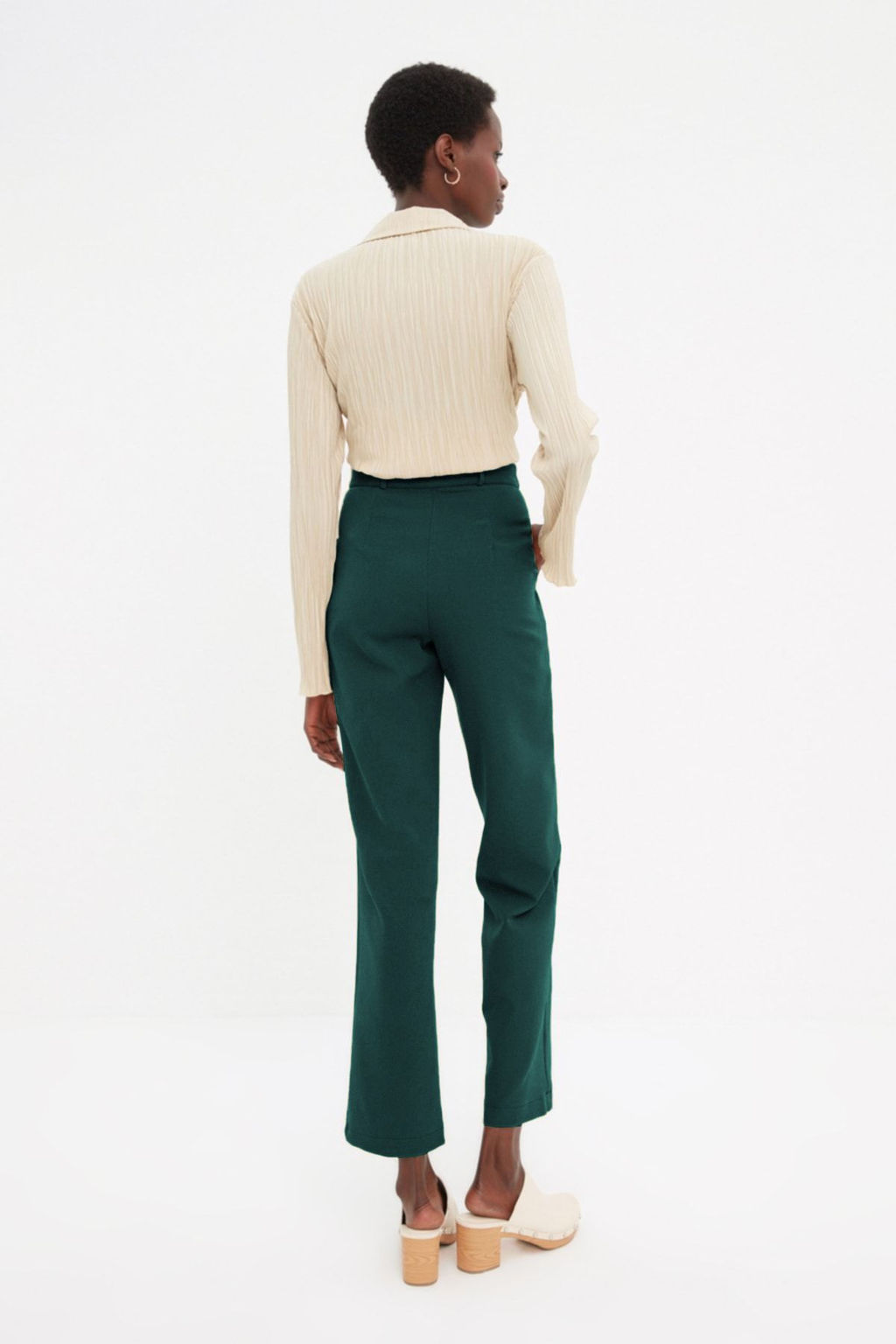 Koyu Yesil Straight/Duz Kesim Pileli Kumas Dokuma Pantolon TWOSS21PL0155