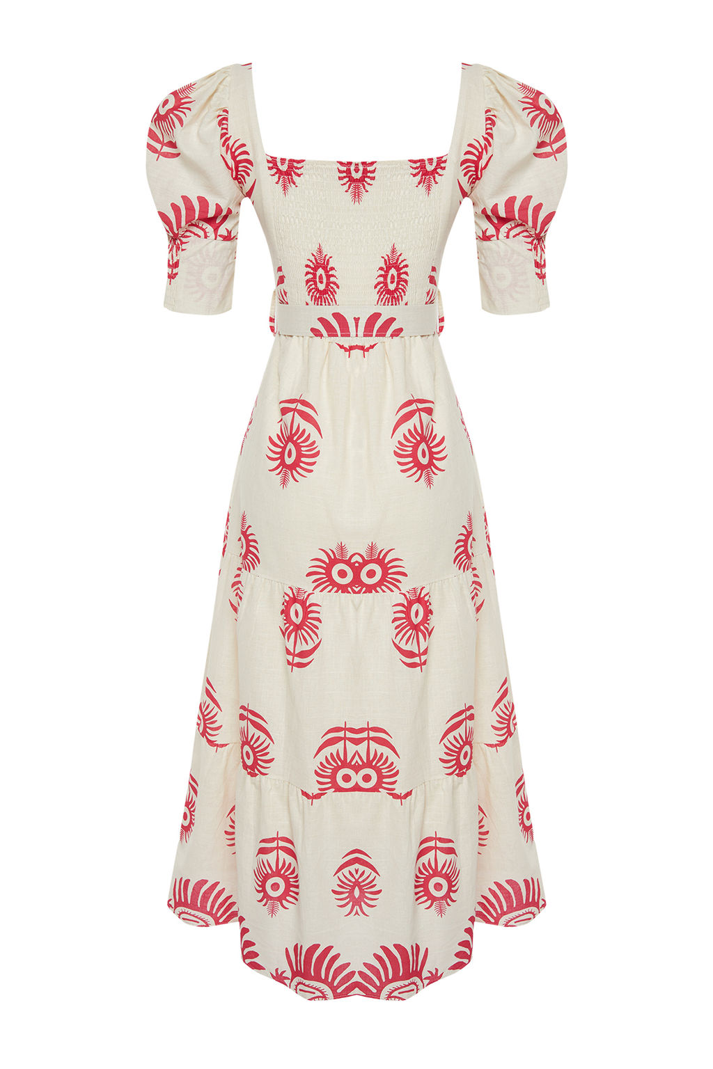 Pembe Desenli Kare Yaka Keten Gorunumlu Kemerli Midi Dokuma Elbise TWOSS24EL00779 - Trendyolmilla фото 8