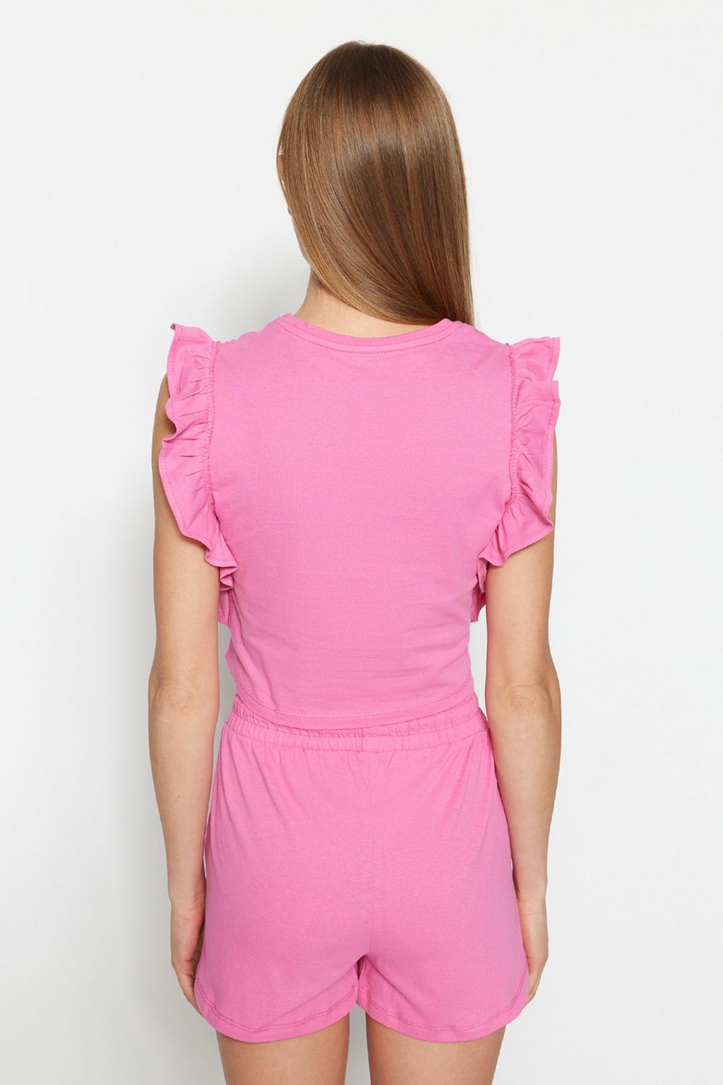 Trendyolmilla Pembe %100 Pamuklu F?rf?rl? Sortlu Orme Pijama Tak?m? THMSS23PT00175  фото 6