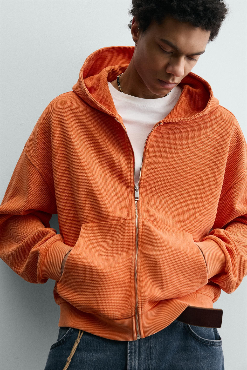 SUDADERA WAFFLE LAVADA CAPUCHA / Naranja - Zara фото 5
