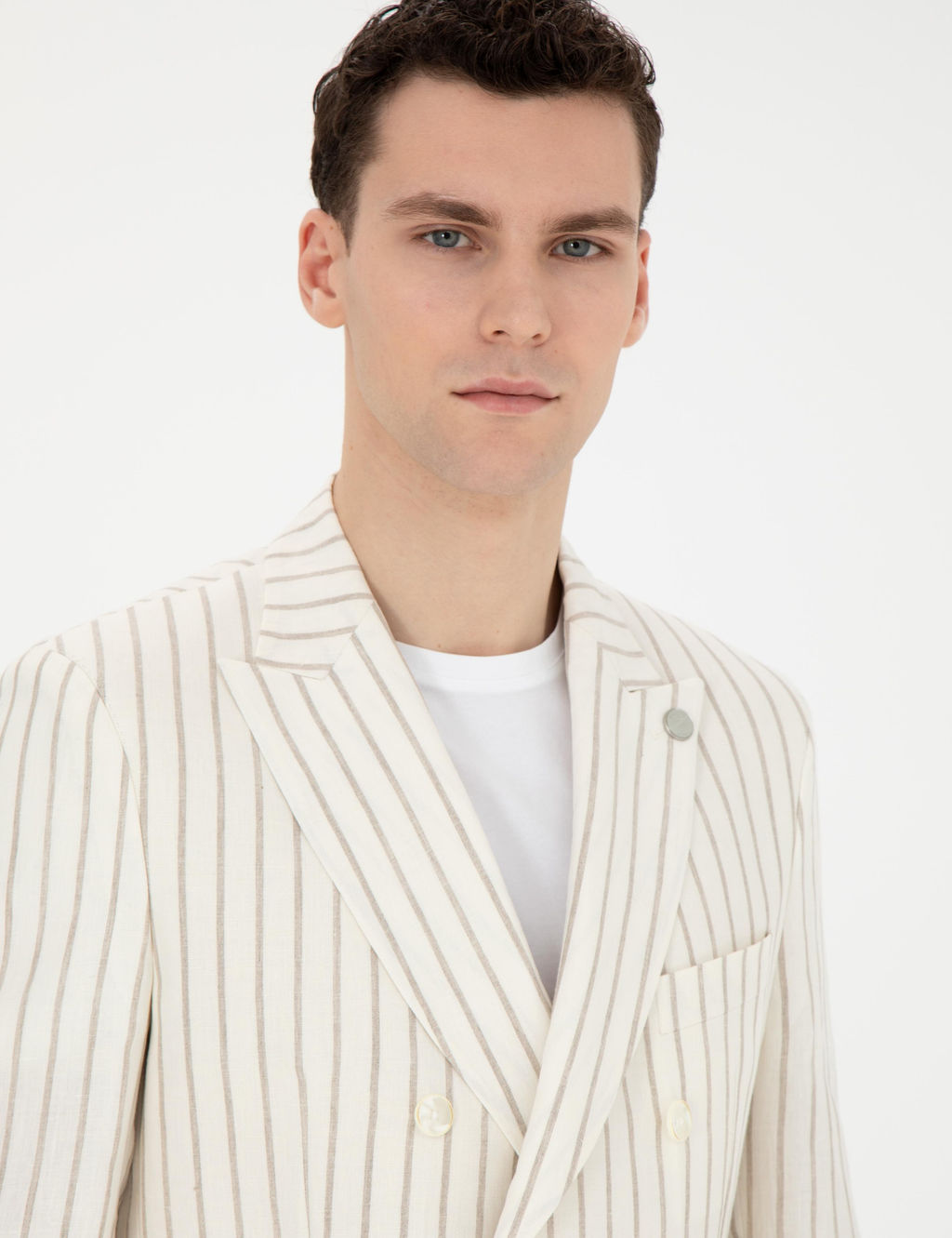 Ekru Slim Fit _izgili Keten Kruvaze Ceket