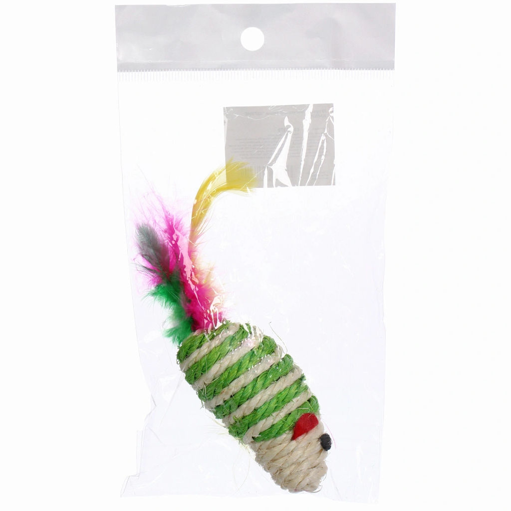 Цена за 6 шт. Игрушка - мышка для кошек "ЦЕПКИЕ ЛАПКИ", канатная с пёрышками, микс 3 цвета, 7*3,5см (пакет с хедером)
