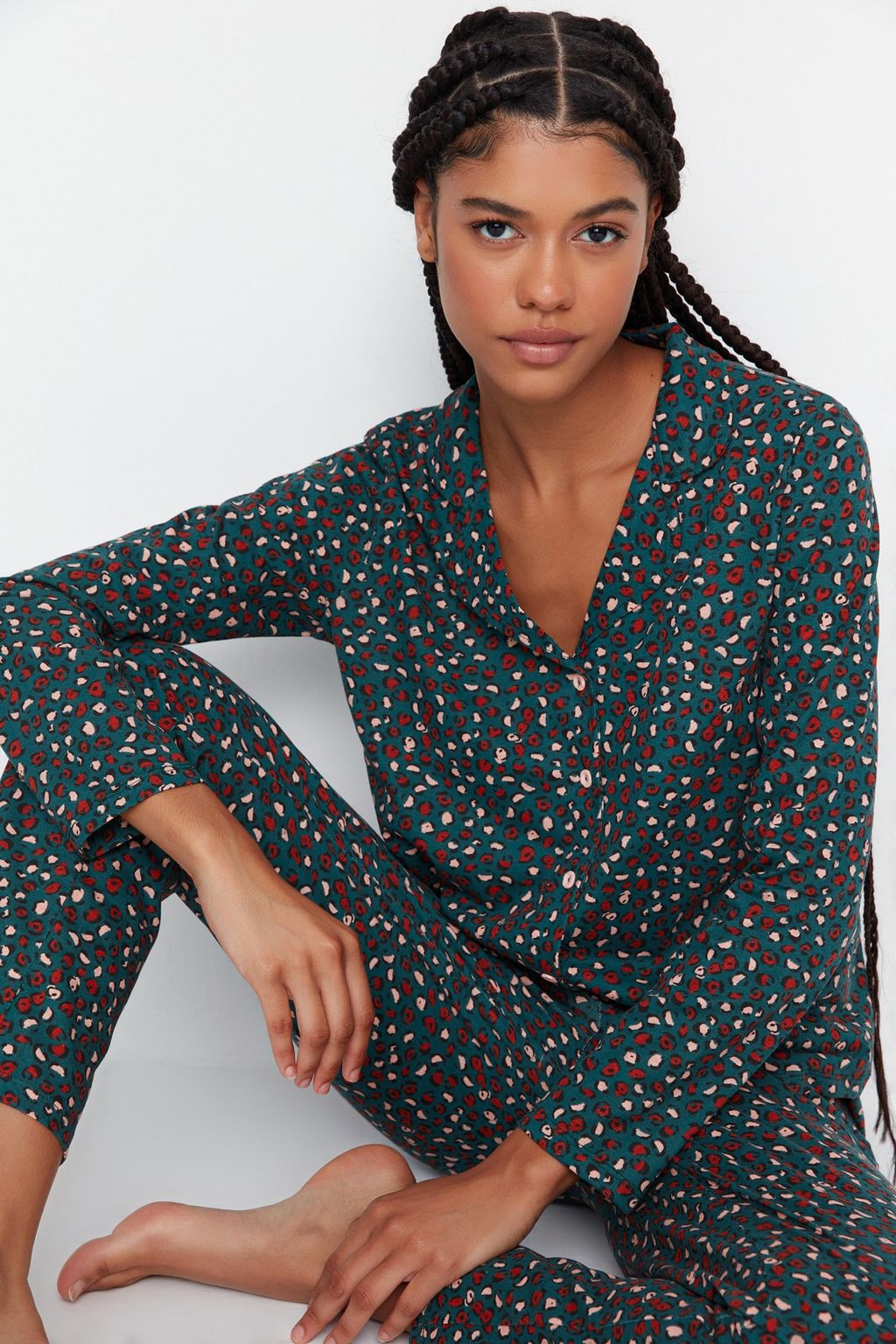 Yesil %100 Pamuklu Leopar Desenli Gomlek Pantolon Orme Pijama Tak?m? THMAW23PT00150
