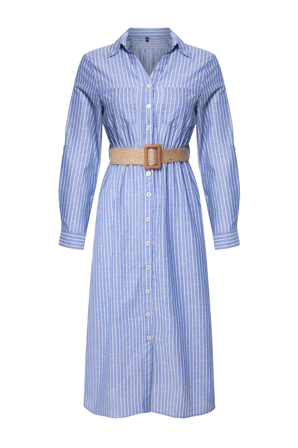Mavi Kemerli Cizgili Midi Dokuma Gomlek Elbise TWOSS25EL00063