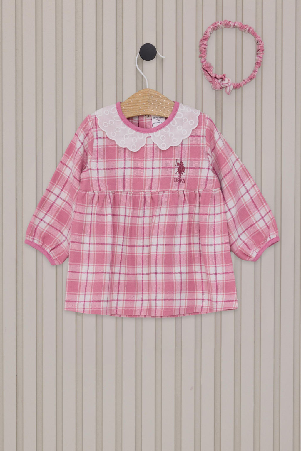 K_z Bebek Pembe Ekose Desenli Elbise Bandana 2li Set