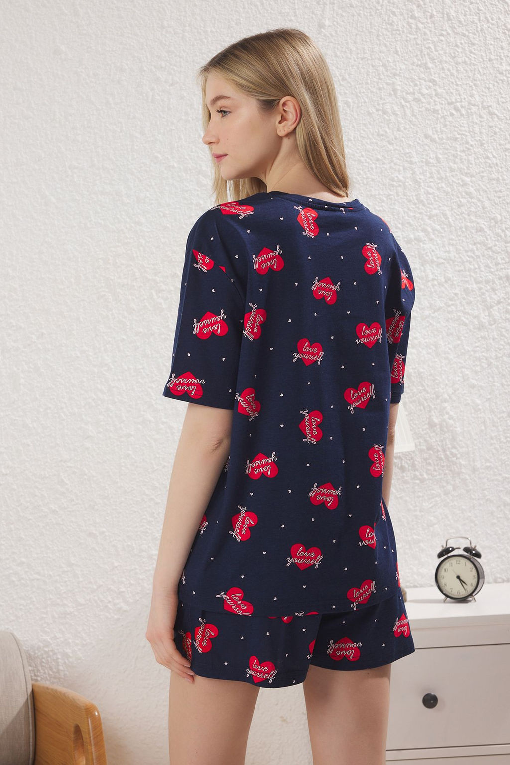 Trendyolmilla Lacivert %100 Pamuklu Kalpli Sloganl? Sortlu Orme Pijama Tak?m? THMSS25PT00368 фото 5