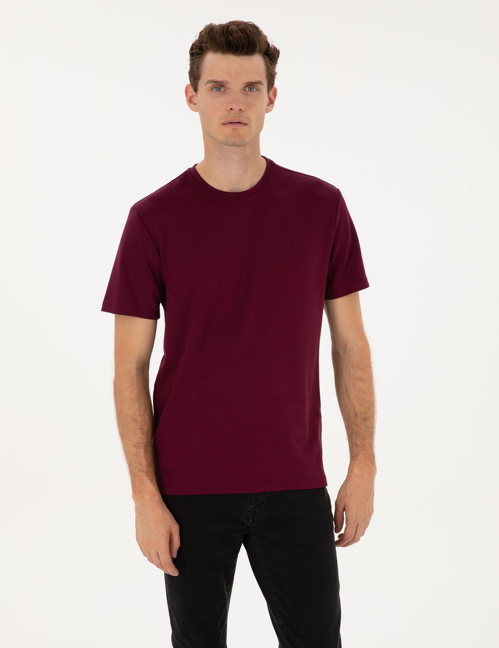 Bordo Regular Fit Kal_n Dokulu Bisiklet Yaka Basic Ti__rt