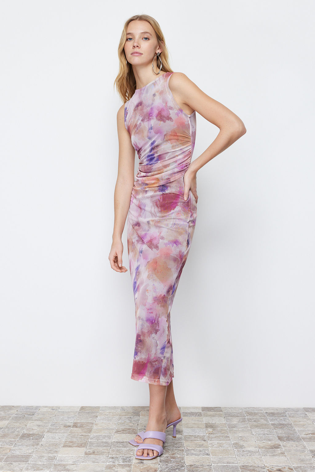 TRENDYOLMILLA Cok Renkli Buzgu/Drape Detayl? Desenli Vucuda Oturan Maxi Esnek Orme Kalem Elbise TWOSS24EL00078  фото 2