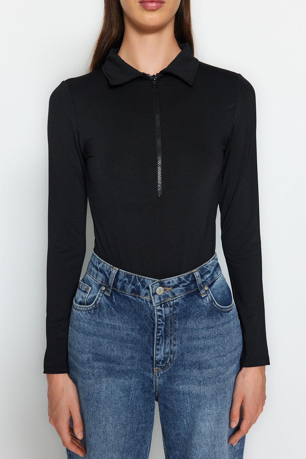 Siyah Fermuar Yaka Detayl? C?tc?tl? Esnek Orme Body TWOAW24BD00005