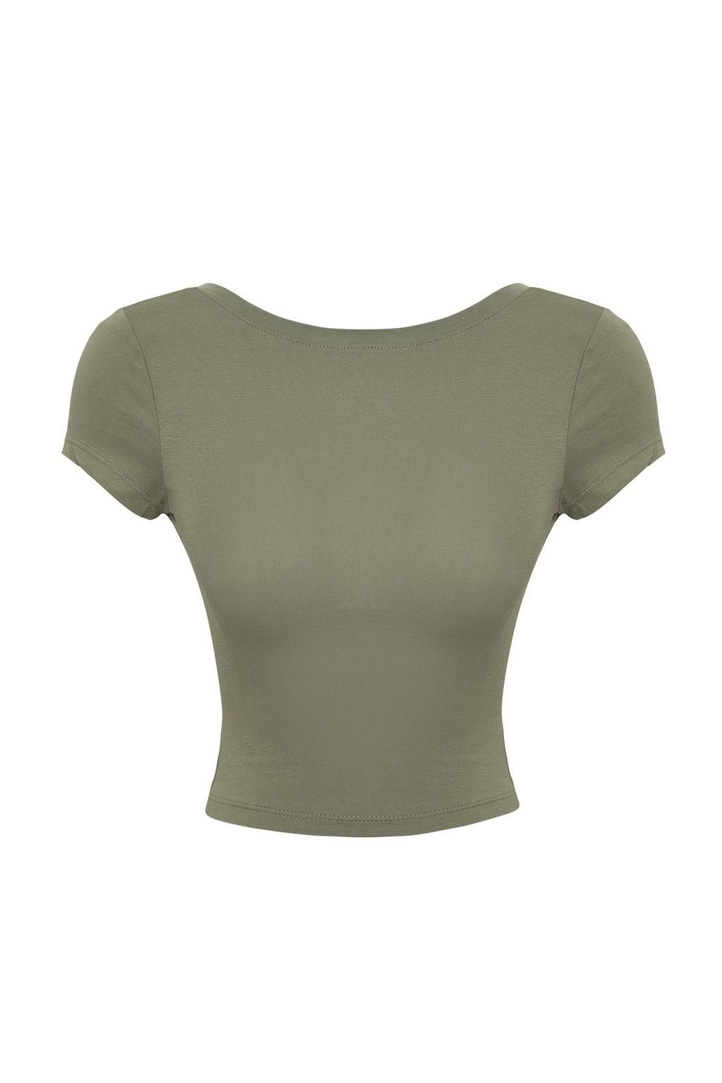 Haki S?rt Dekolteli Crop Pamuklu Esnek Orme Bluz TWOSS23BZ00912