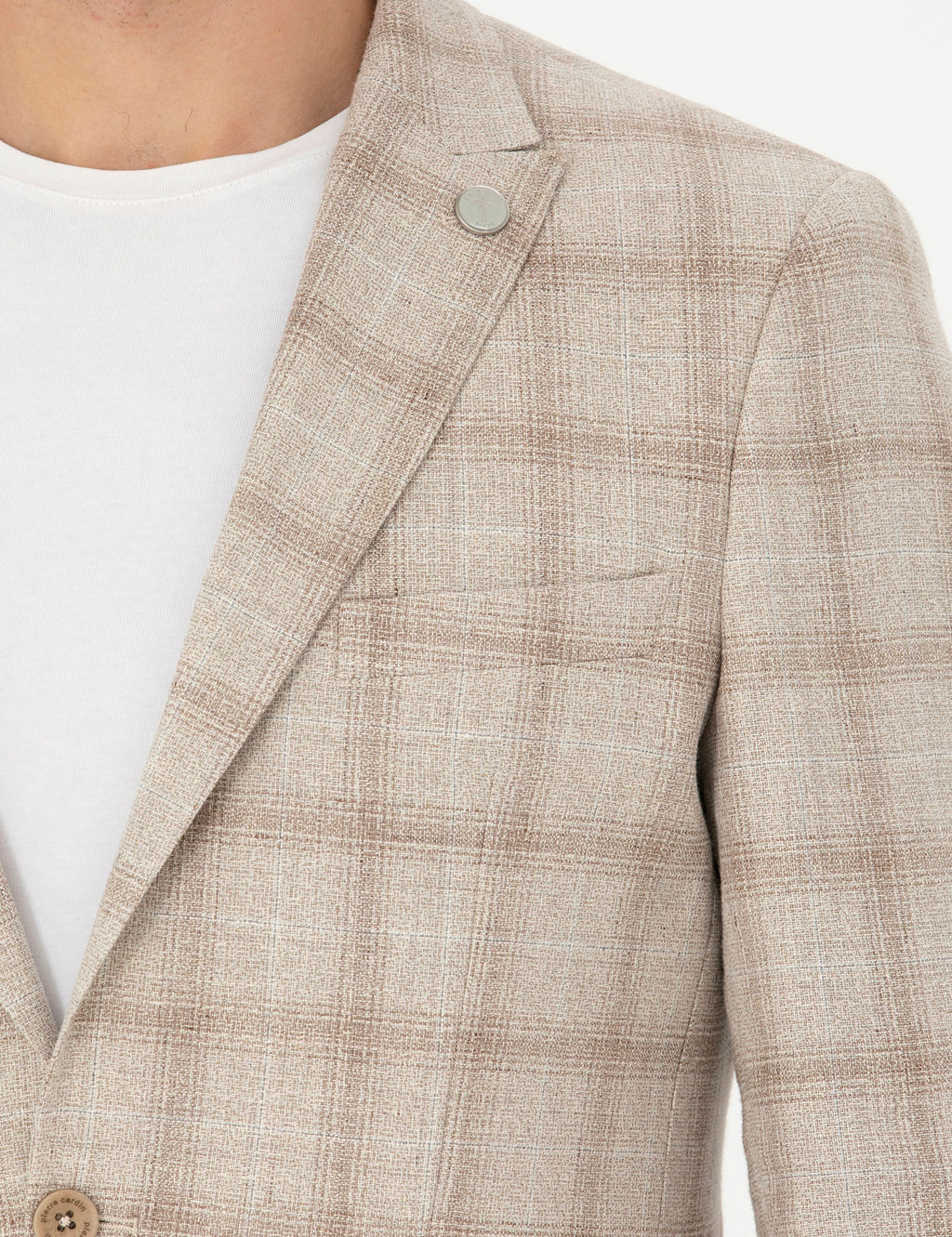 Bej Slim Fit Keten Kar___ml_ Ekose Ceket