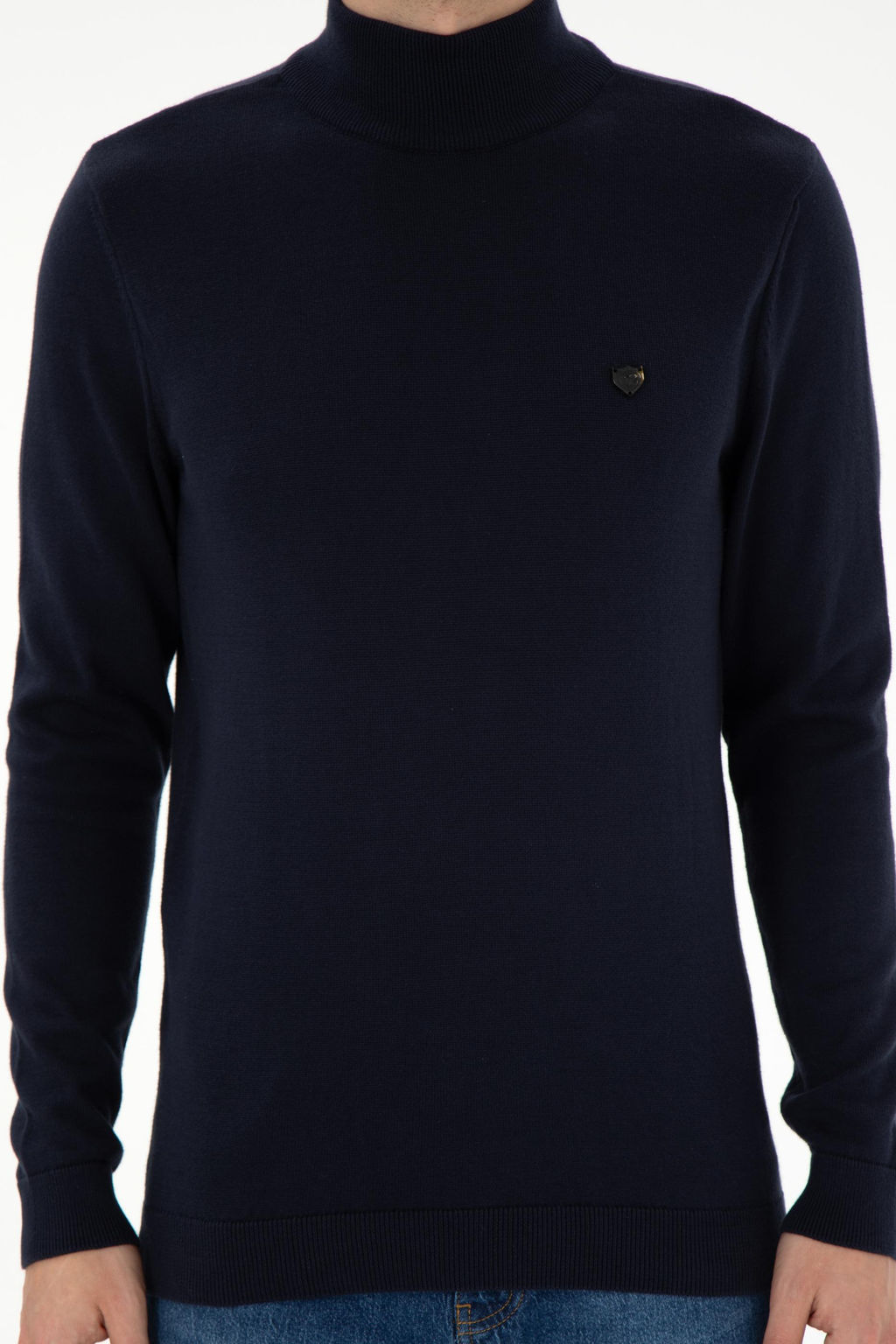 Erkek Slim Fit Yar_m Bal_k__ Yaka Lacivert Basic Kazak