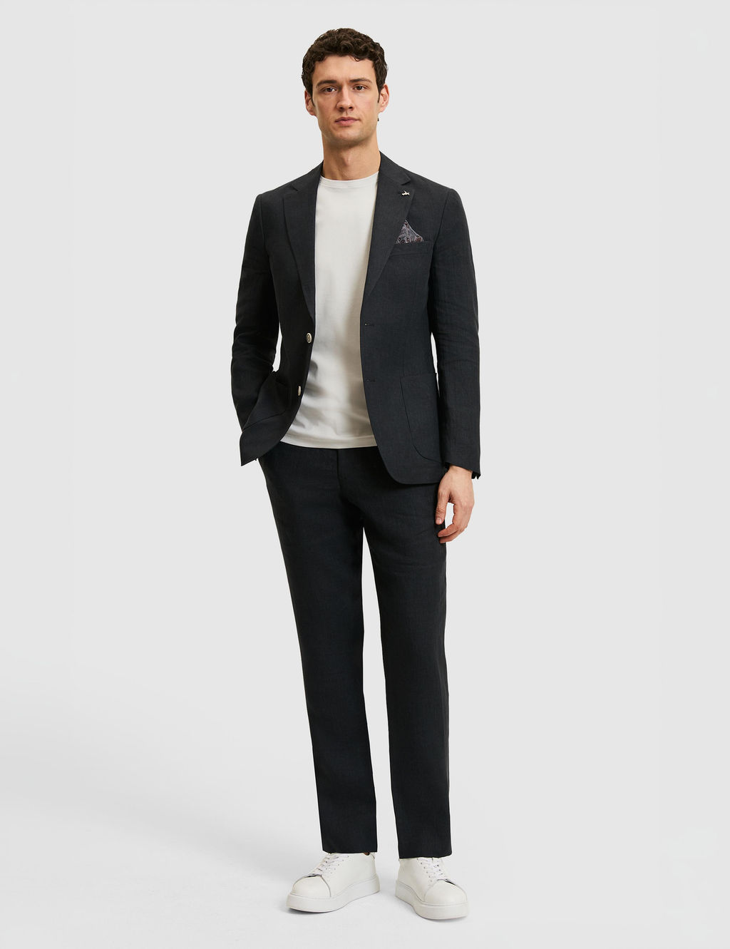 Siyah Slim Fit %100 Keten Mikro Desen Mono Yaka Ceket