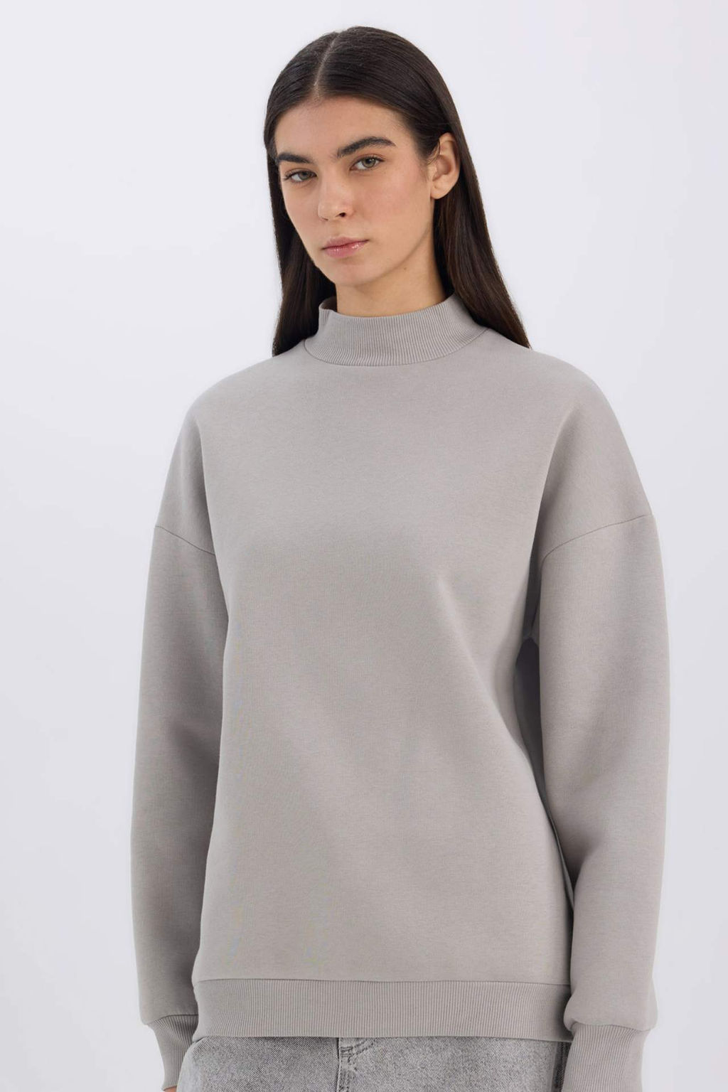 Oversize Genis Kal?p Yar?m Bal?kc? Yaka Basic Duz Kal?n Sweatshirt - Defacto фото 2