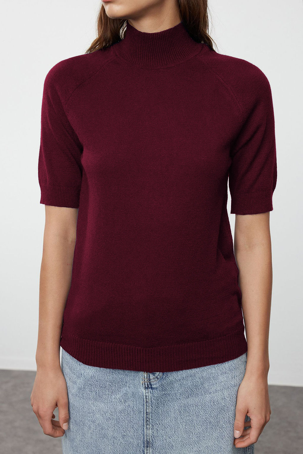 Bordo Merserize Gorunumlu Premium Iplik/Ozel Iplik Basic Ince Triko Bluz TWOAW24BZ00005