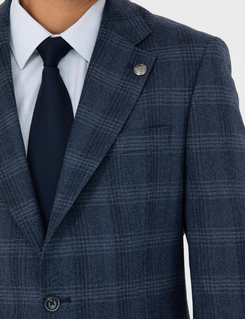 %100 Y_n Ekose Lacivert Ekstra Slim Fit Tak_m Elbise