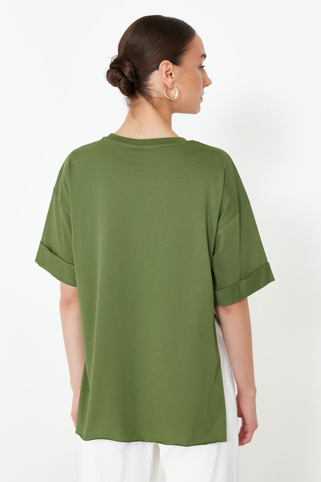 Haki %100 Pamuk Duble Kol Asimetrik Boyfriend Orme T-Shirt TWOSS20TS0828