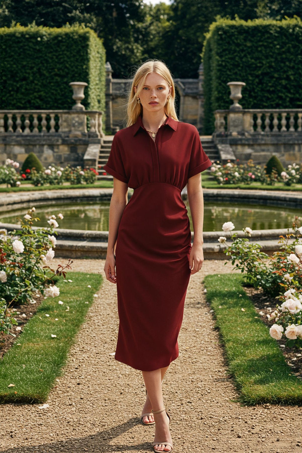 TRENDYOLMILLA Bordo Duz Vucuda Oturan Gomlek Yakal? Midi Dokuma Elbise TWOSS25EL00253