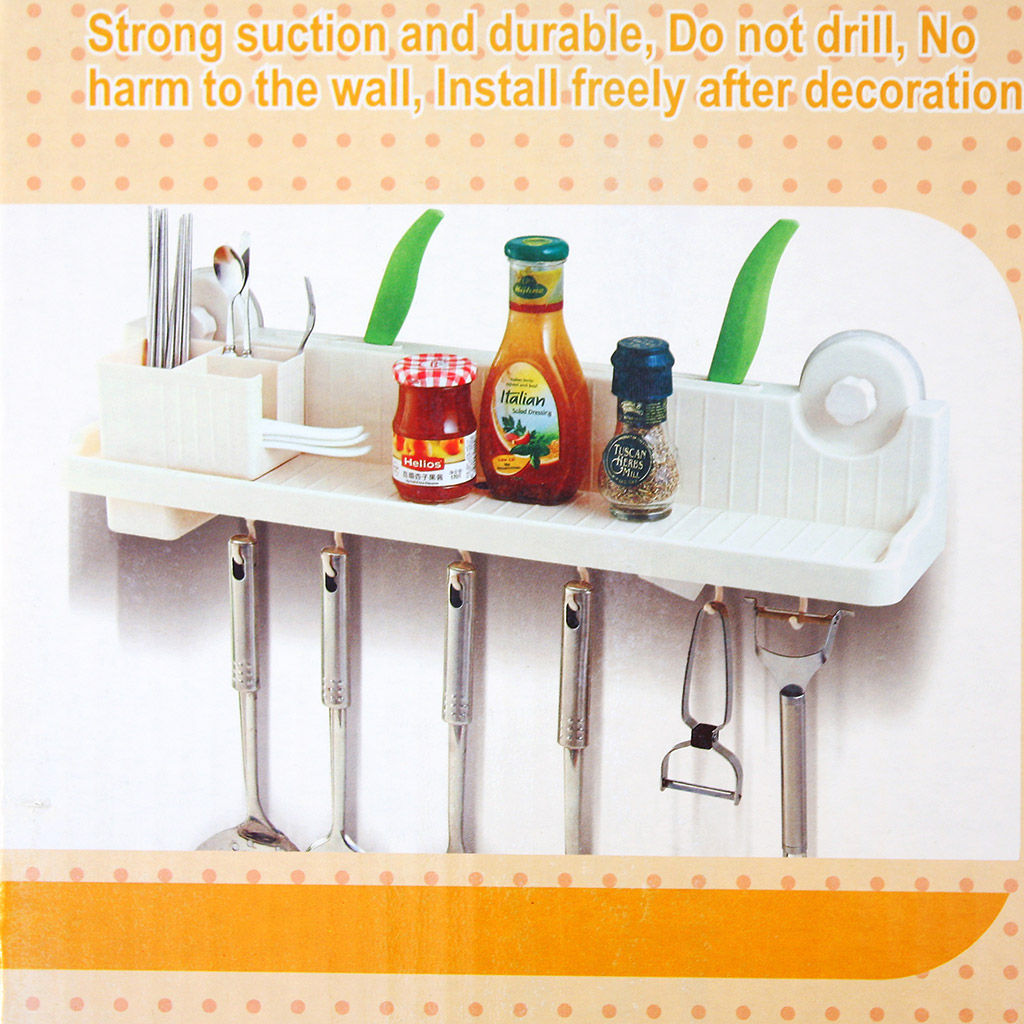 Полка "Пудра" 60х14х17см с планкой хромированной, с 6-ью крючками, с подставкой для столовых приборов, настенная, на присосках, кремовый, пластмассовая, цветная упаковка (Китай)