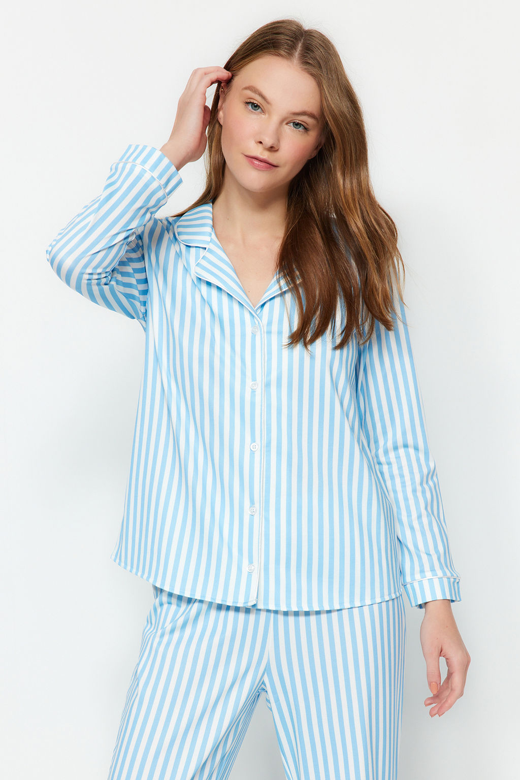 Trendyolmilla Pembe Cizgi Desenli Biyeli Ici Polarl? Gomlek-Pantolon Orme Pijama Tak?m? THMAW24PT00050