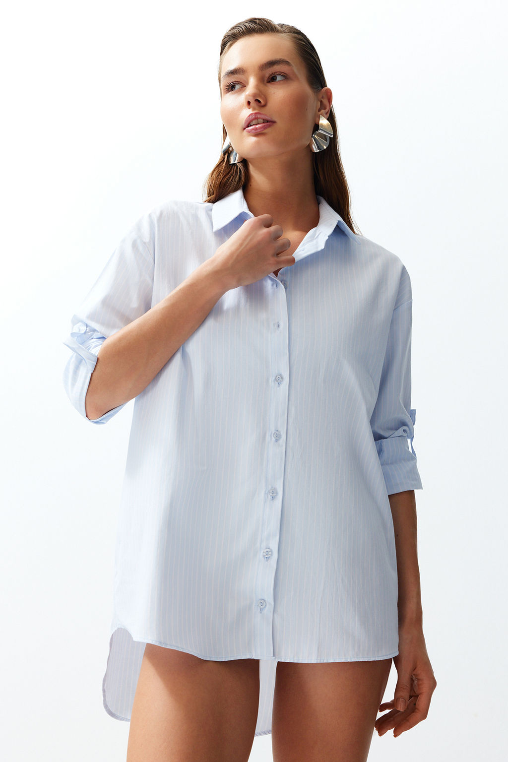 Plaj Giyim Cizgili Dokuma Maxi Gomlek TBESS22GO0664