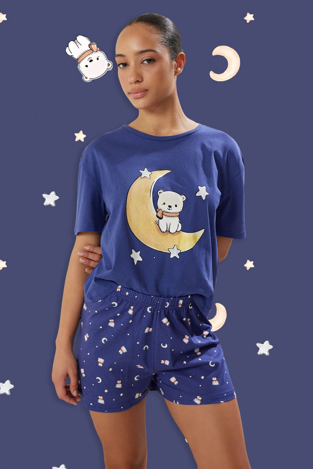 Lacivert %100 Pamuklu Ay?c?k ve Y?ld?z Desenli Sortlu Orme Pijama Tak?m? THMSS25PT00081