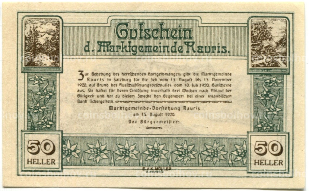 50 геллеров 1920 года Австрия Рейс (нотгельд)