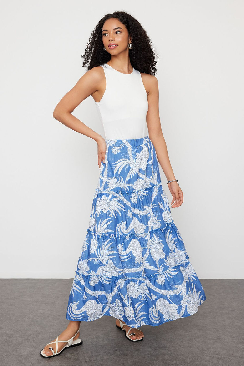 Lacivert Desenli Klos Maxi Boy Dokuma Etek TWOSS24ET00183