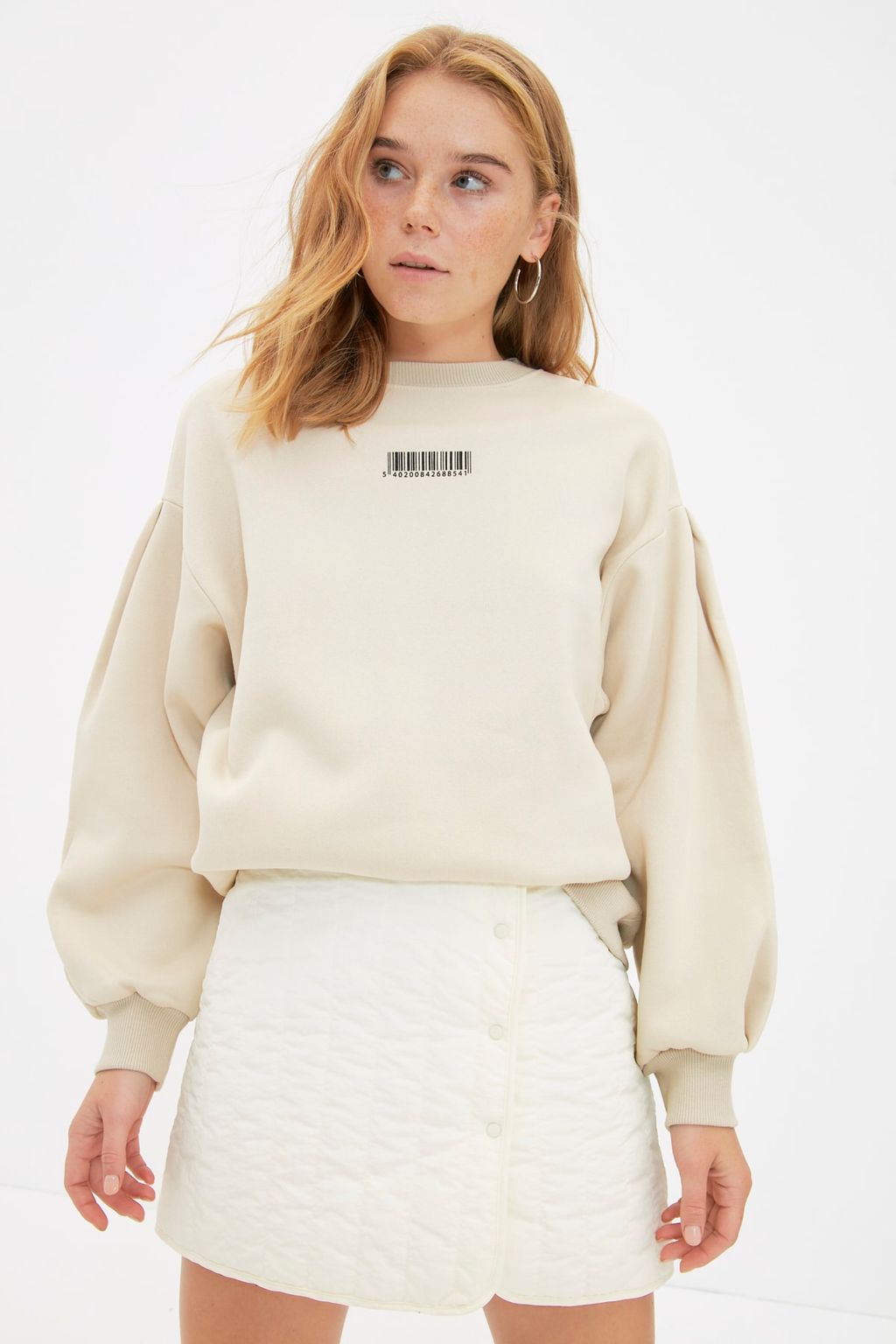 TRENDYOLMILLA Tas Kal?n Ici Polarl? Minimal Bask?l? Balon Kol Orme Sweatshirt TWOAW22SW1864