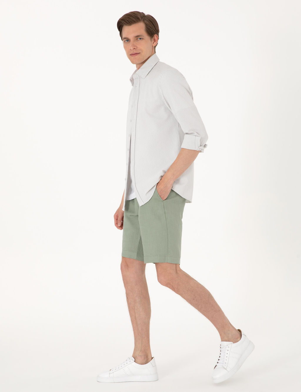 Gri Slim Fit _izgili Uzun Kollu G_mlek