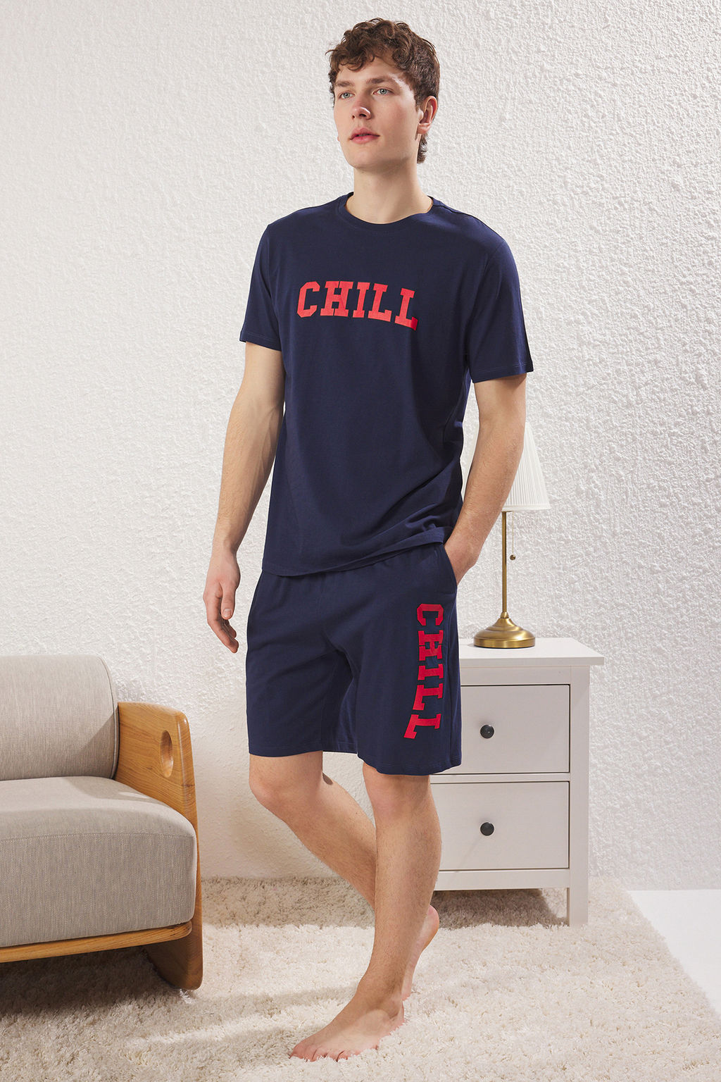 TRENDYOL MAN Lacivert Regular Fit Bask?l? Sortlu Orme Pijama Tak?m? TMNSS25PT00015 - Trendyolmilla фото 6