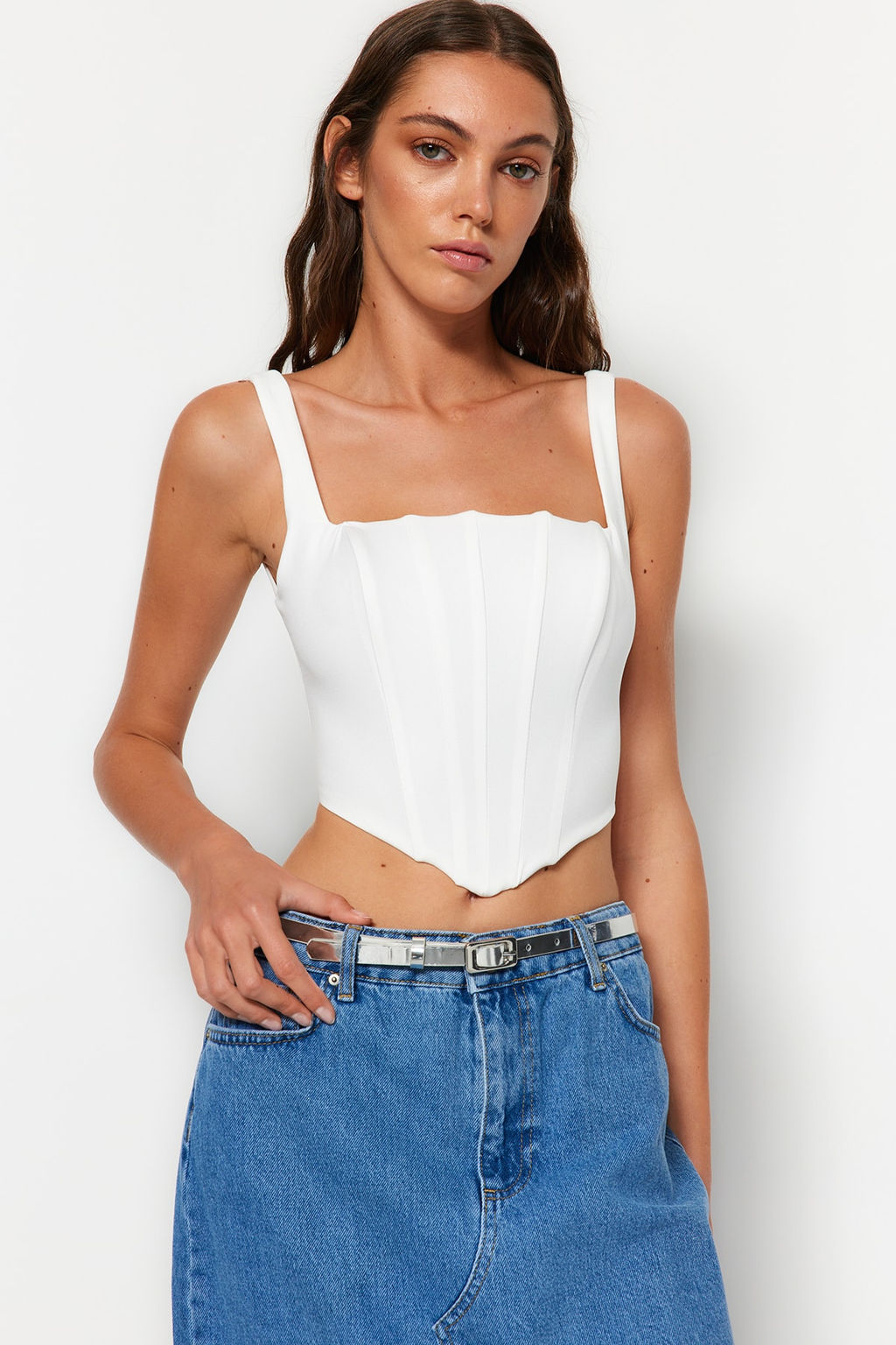 Trendyolmilla Ekru Ask?l? Korse Crop Dokuma Bluz TWOSS23BZ00938  фото 10