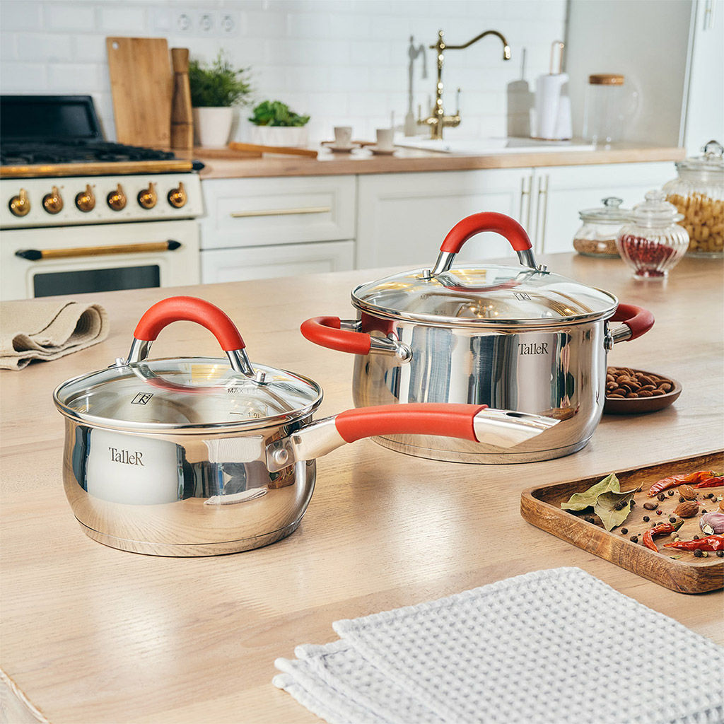 Набор посуды из нержавеющей стали Лортон 2 предмета: кастрюля 3,2л - д20см, h10,5см, ковш 1,5л - д16см, h8см, s0,5мм, дно s2,7мм, полировка зеркальная снаружи, зеркальная внутри, стеклянная жаропрочная крышка, стальной обод, пароотвод, ручки с из н - Домашняя мода фото 6