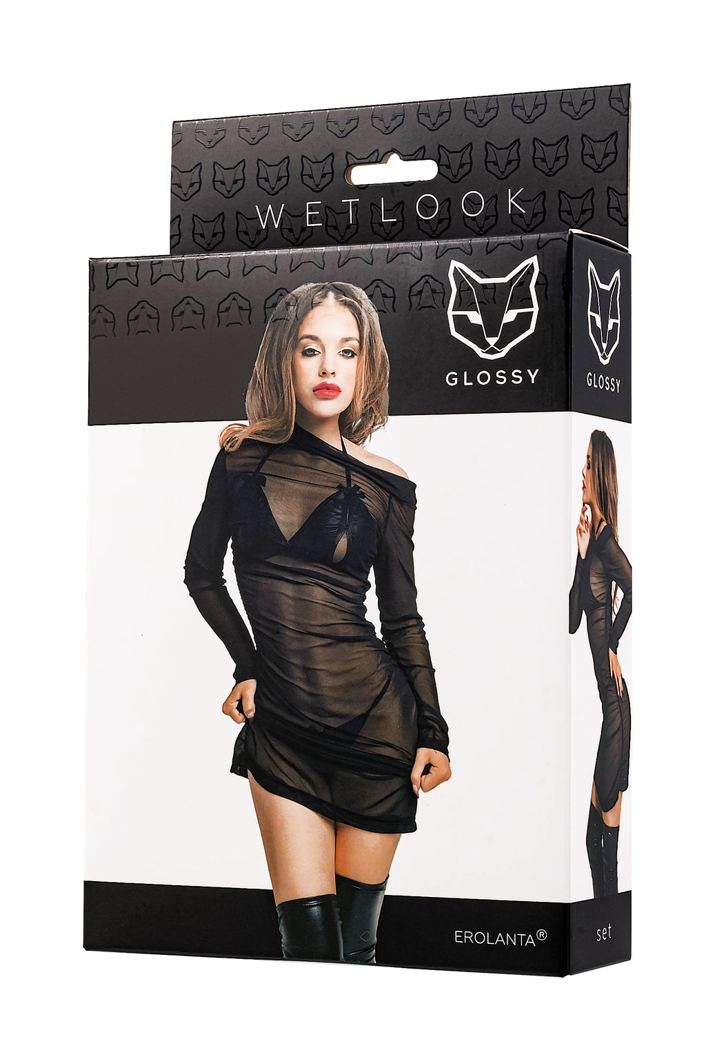 Комплект Glossy Sheril платье сетка, лиф и трусики из материала Wetlook, черный, S