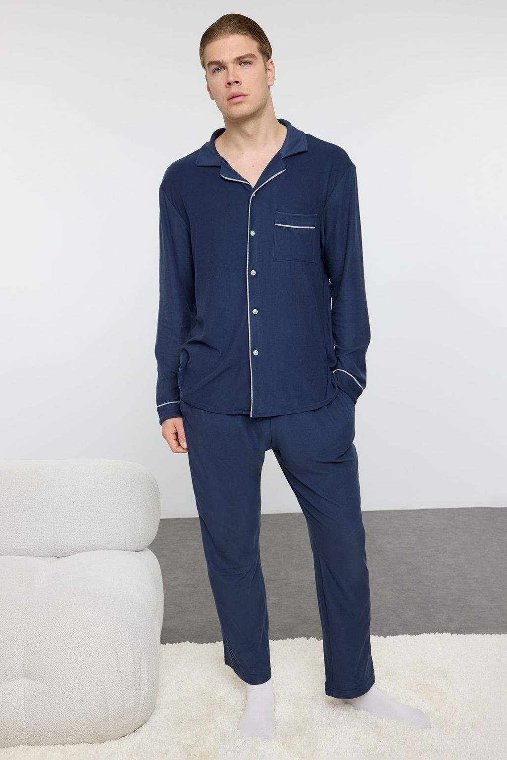 TRENDYOL MAN indigo Yumusak Tuse Orme Pijama Tak?m? TMNAW25PT00022