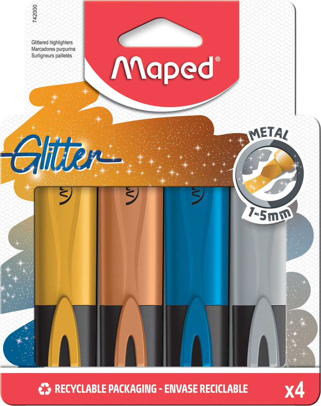 Набор текстовых маркеров MAPED FLUO PEPS GLITTER с блестками, 15 мм, 4 цвета металлик, в...