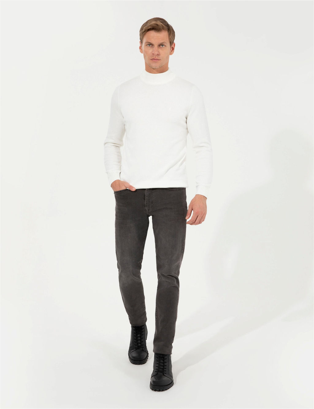 Ekru Slim Fit Yar_m Bal_k__ Yaka Basic Triko Kazak - Pierre cardin фото 4