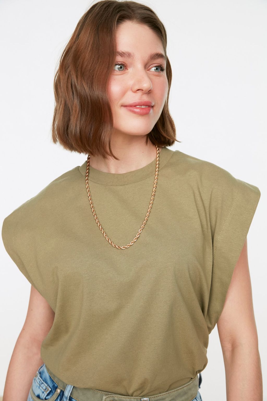 Haki %100 Pamuk Vatka Gorunumlu Basic Bisiklet Yaka Orme T-Shirt TWOSS20TS0021