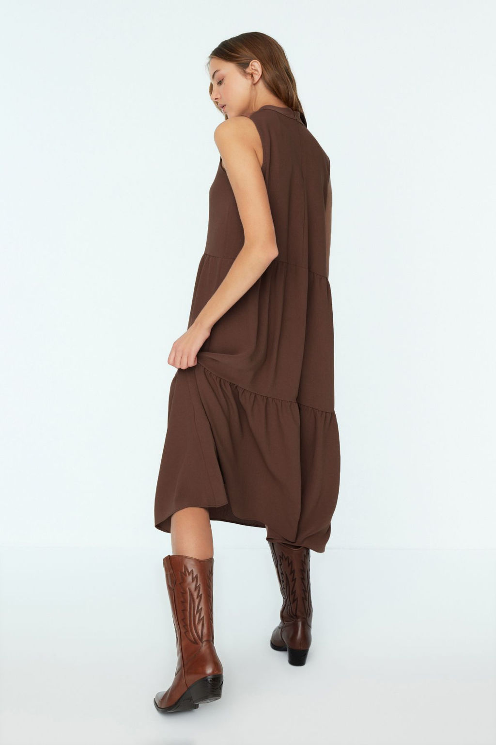 Kahverengi Shift/Duz Kesim Dik Yaka Midi Dokuma Elbise TWOSS20EL1864