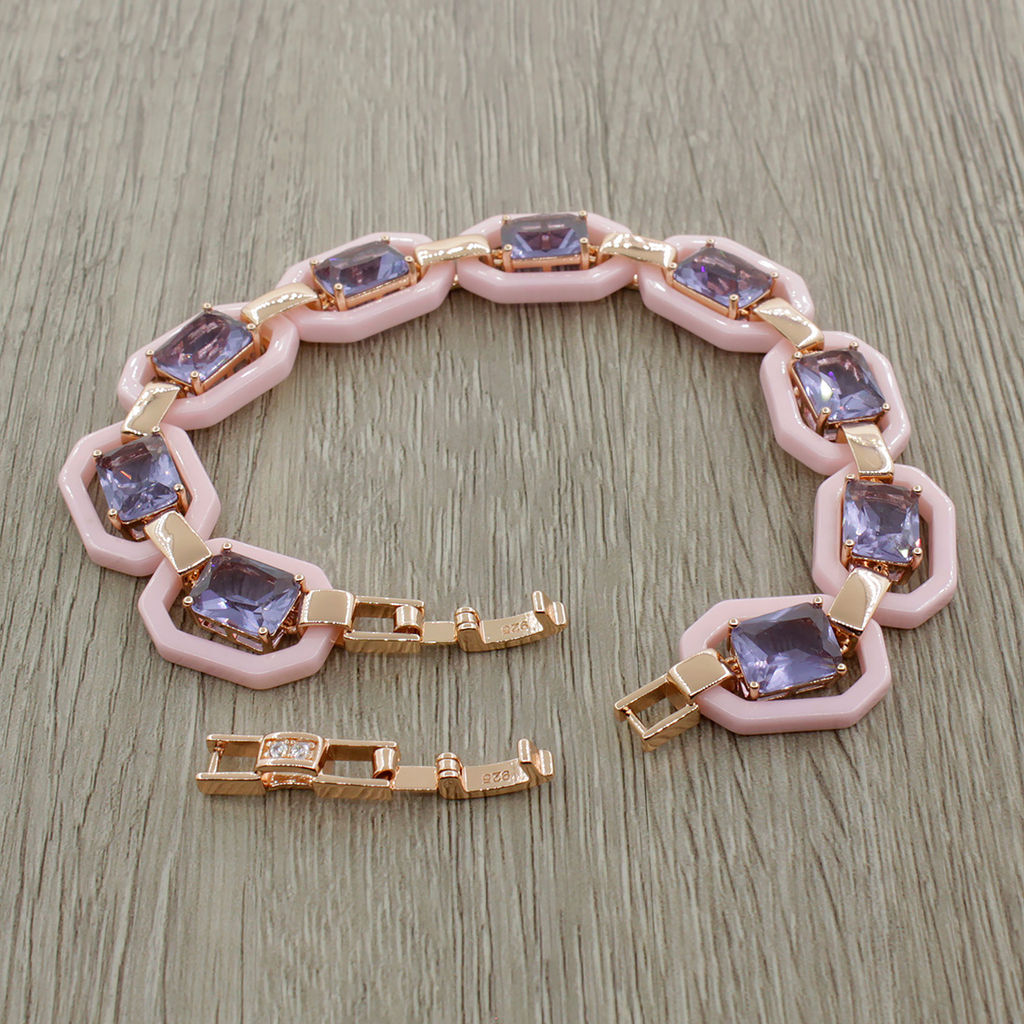 Браслет Октагон из розовой керамики с Александритом покрытие под золото, длина 18см - Agat77 фото 3