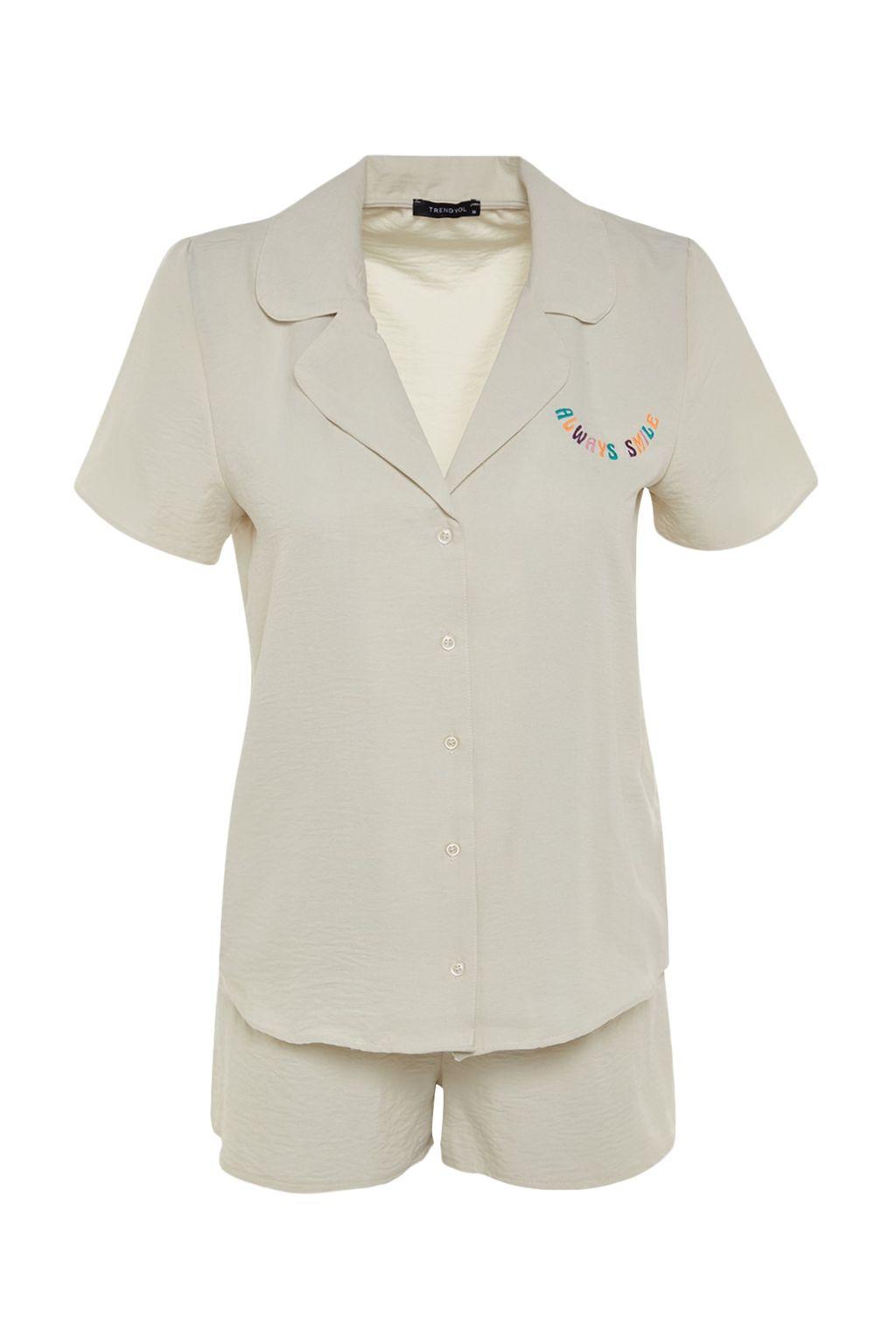 Ac?k Bej Slogan Nak?sl? Sortlu Dokuma Pijama Tak?m? THMSS23PT00232