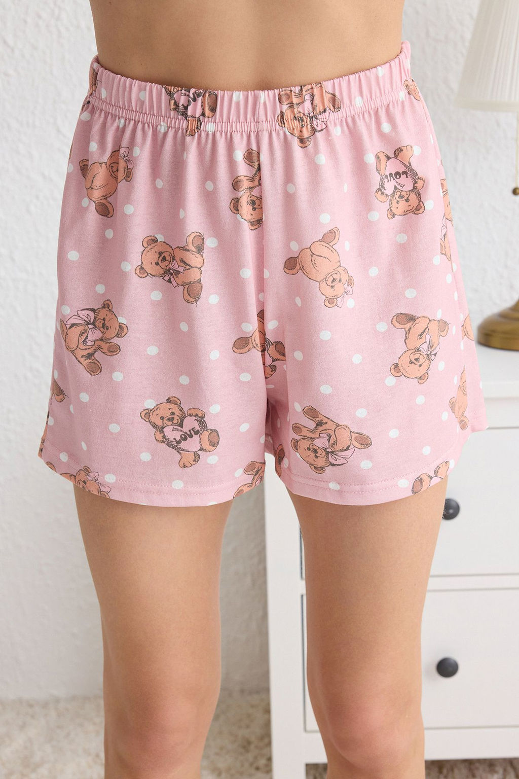 Trendyolmilla Pembe %100 Pamuklu Ay?c?kl? ve Puantiyeli Uyku Bantl? Sortlu Orme Pijama Tak?m? THMSS25PT00096  фото 4