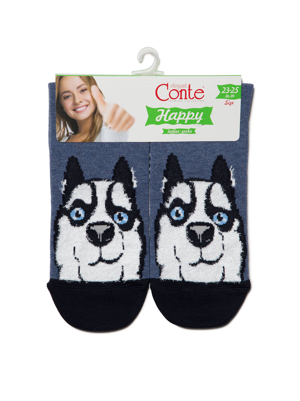 Цена за 2 пары. Носки Классические CONTE Хлопковые носки HAPPY с пушистым рисунком Хаски темный джинс - Conte elegant фото 3