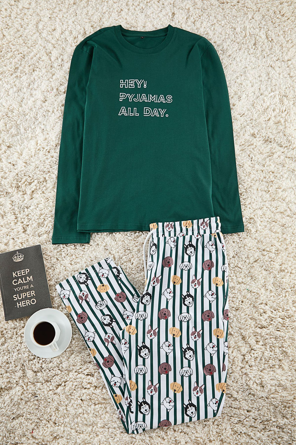 TRENDYOL MAN Zumrut Yesil %100 Pamuk Regular Fit Bask?l? Orme Pijama Tak?m? TMNAW22PT1313