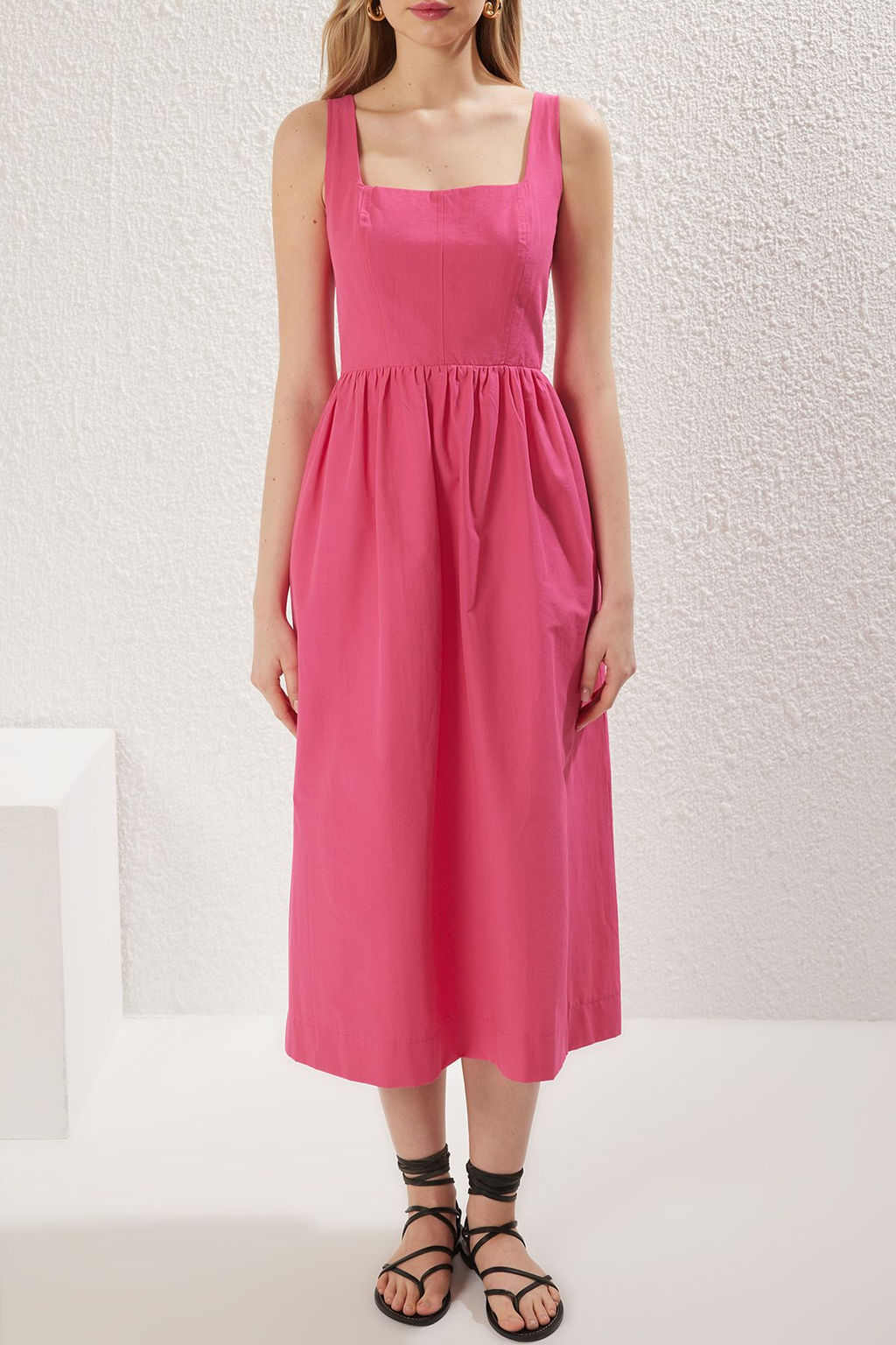 Fusya Belden Ac?lan Midi Korse Dikis Detayl? Midi Dokuma Elbise TWOSS24EL00038