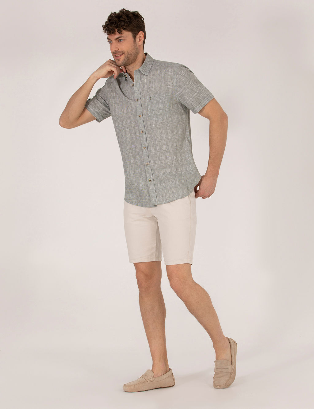 Ta_ Slim Fit Keten Kar___ml_ Beli Lastikli Bermuda _ort